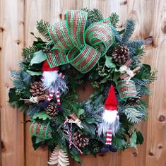 Handmade Fresh Pine Door Wreath with Santa&#39;s Helpers