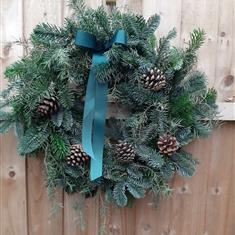 Handmade Fresh Pine Door Wreath with Cones and Ribbon