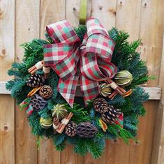 Handmade Fresh Pine Door Wreath with Tartan Ribbon