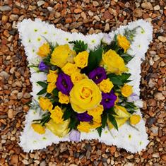 Cushion with Yellow Rose and Purple Spray