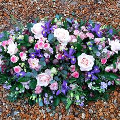 Pink Rose and Blue Iris Casket Spray